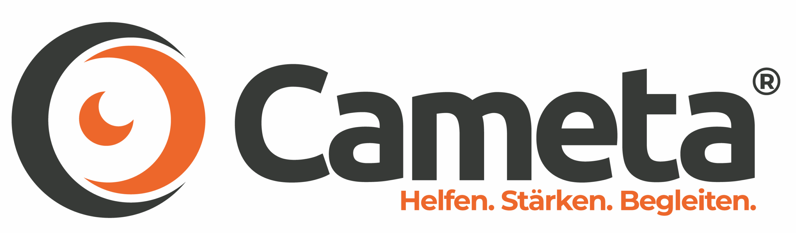 Das Logo des Unternehmens Cameta mit dem Slogan: Helfen. Stärken. Begleiten. Der Unternehmensname ist schwarz, der Slogan in Orange gehalten. Das Signe vereint die beiden Farben Schwarz und Orange und ist dem Auge eines Chamäleons nachempfunden.